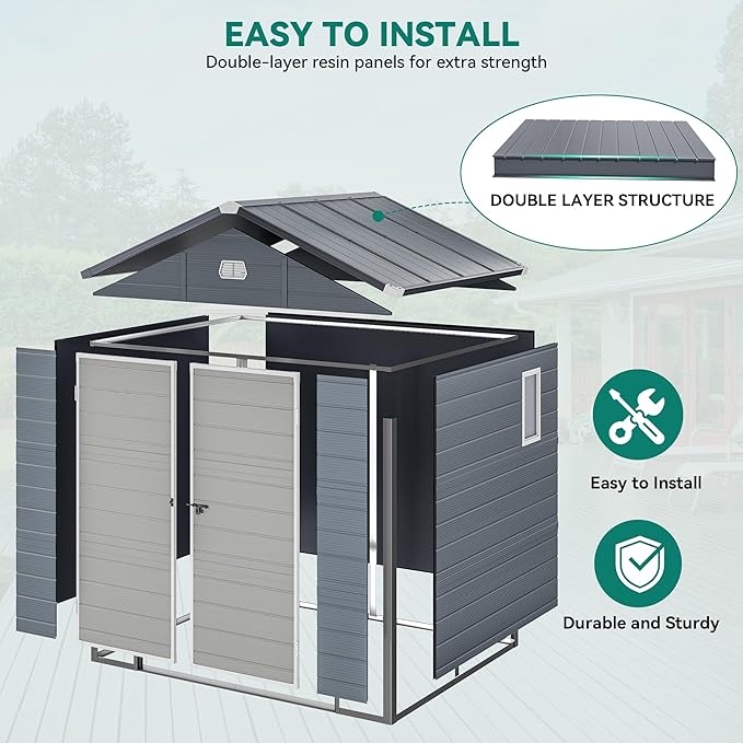 YITAHOME 8x6FT Resin Storage Unit sans Flooring, All-Weather Plastic Shed with Window, Vents and Secured Doors, Outdoor Plastic Tool Cabin for Poolside, Lawn, Backyard, Patio, Dark Gray