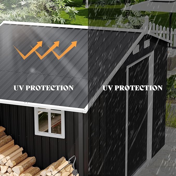Jocisland 10.6x6.8x6.3 FT Outdoor Storage Shed with Sliding Doors, Two 4-Pane Windows, Open-Air Design Outdoor Shed for Wood Storage, Dark Grey/White