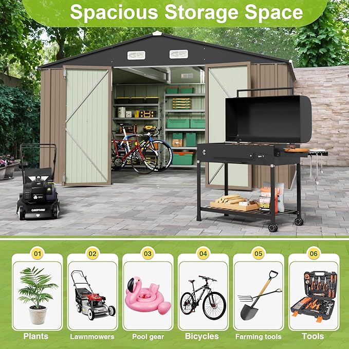 JUMMICO 10 x 8 FT Outdoor Storage Shed, Large Metal Garden Shed & Tool Sheds for Backyard Garden Patio Lawn (Brown)