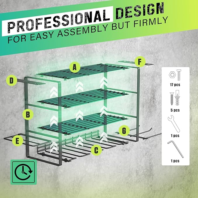 Power Tool Organizer, 4 Drill Holder Wall Mount, Garage Tool Organizer and Storage with Screwdriver Holder, Garage Organization, 4 Layer Cordless Drill Holder with Hammer Holder