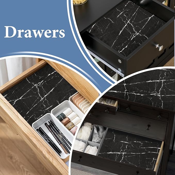 Drawer and Shelf Liner for Kitchen Cabinet: 23 in X 30 Ft Non Slip Waterproof Shelf Paper Non Adhesive Refrigerator Liners Black Marble Easy Liners for Bathroom with Knife Tape Measure