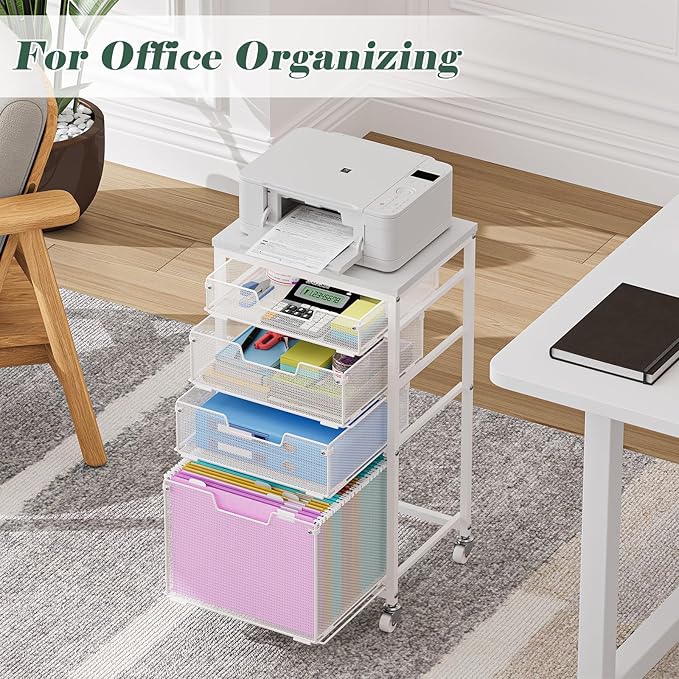 4 Drawer Rolling File Cart with Wheels, Mobile Filing Cabinet for Home Office, Hanging File Organizer, Under Desk Storage, Multifunctional Utility Cart Printer Stand, White