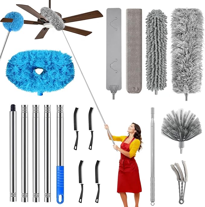11-in-1 100-Inch Extendable Duster Kit – Reusable Blue Fan Duster, Cobweb Brush Flat Gap Cleaner (No Ladder Needed) for High Ceilings, Fans & Home Cleaning