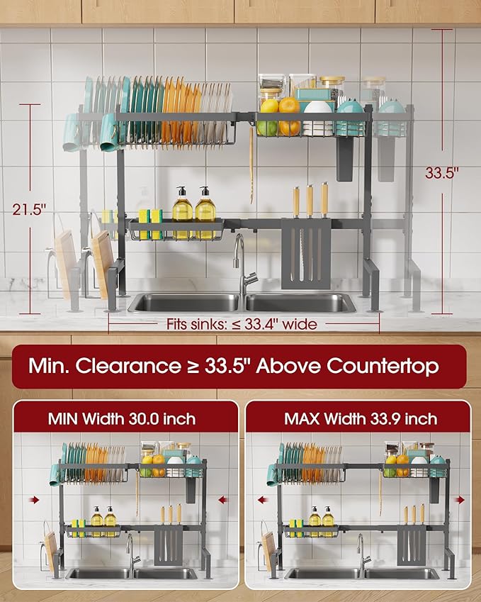 Over The Sink Dish Drying Rack - Adjustable 2 Tier Large Capacity Stainless Steel Drainer with Cutlery & Utensil Holders, Kitchen Storage & Organization, 30"-33.9" L x 11" W x 21.5" H, Gray