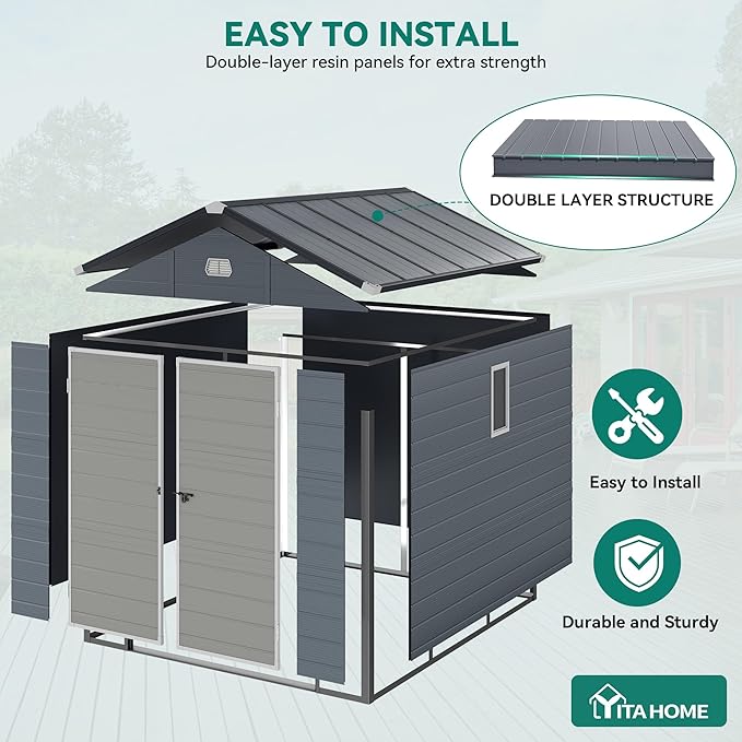 YITAHOME 8x9 FT Outdoor Storage Shed w/o Floor, All-Weather Plastic Shed with Lockable Doors, Window & Vents, Plastic Tool Shed for Backyard, Patio, Poolside, Lawn, Gray