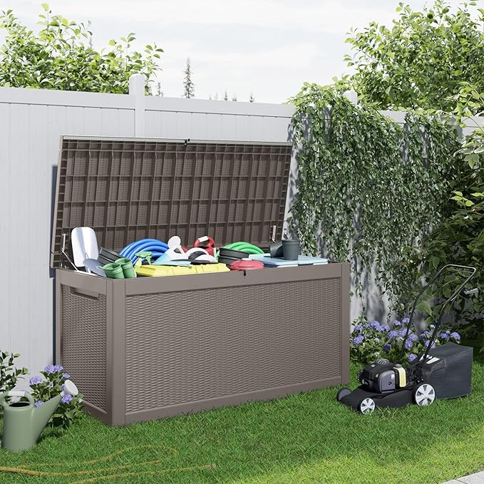 261 Gallon Outdoor Deck Box, Lockable Waterproof Outdoor Storage Boxes For Garden Tools,Indoor Cushions,Accessories Outside Storage Resin Weatherproof Container(Grey)