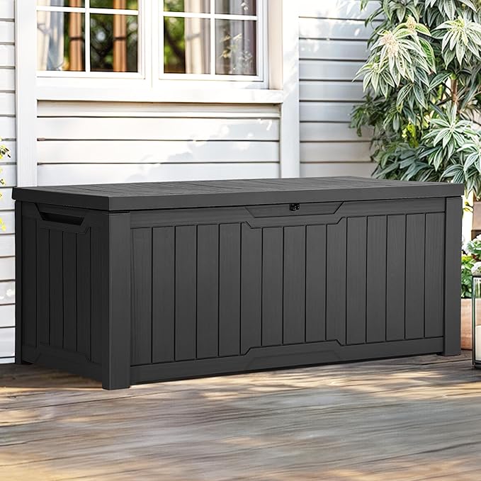 YITAHOME Outdoor Storage Box, 120 Gallon Waterproof Deck Box for Garden Tools, Patio Cushions, and Pool Accessories, Lockable, Easy Assembly, Versatile Bench or Table (Dark Gray)