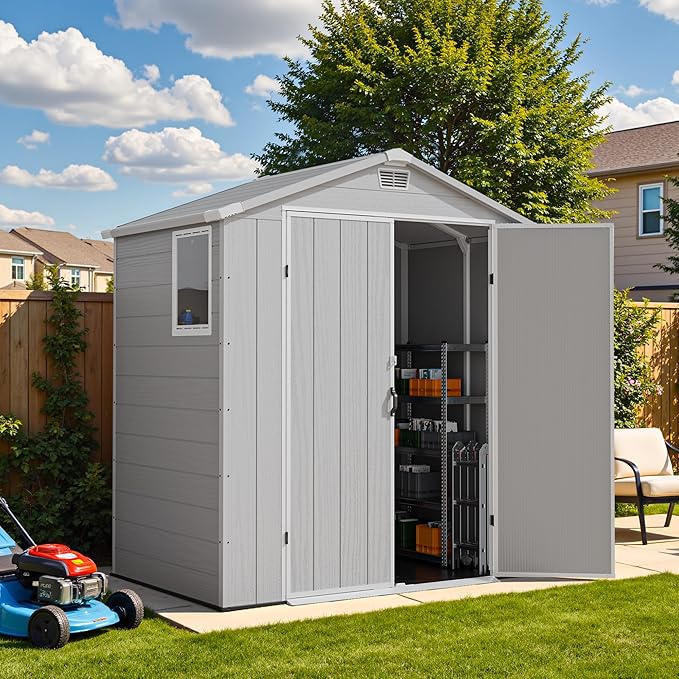 Devoko 6x4 FT Plastic Storage Shed, Outdoor Resin Garden Shed with Floor, Waterproof Tool Storage Shed with Lockable Door and Window for Patio, Garden, Backyard, Light Gray