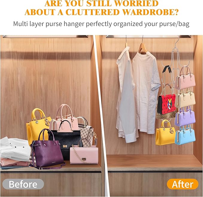 1 Pack Purse Organizer for Closet, 4-Tier Hanging Bag Holder, Silver Metal Closet Organization Purse Hanger Backpack Rack Space Saving Hanger