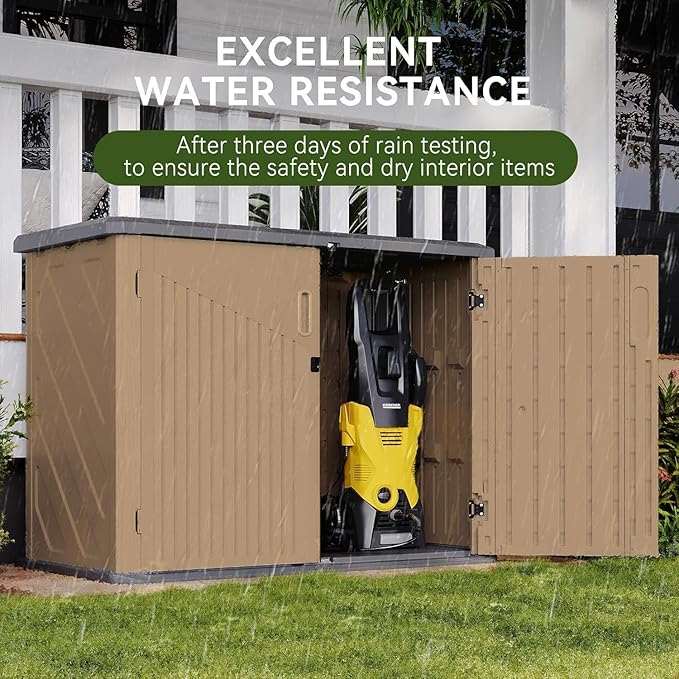 Aoxun Outdoor Storage Cabinet 35 Cu.Ft 2 Shelves, Outdoor Trash Can Storage Shed Waterproof Horizontal Storage Shed Outdoor Storage for Garbage Bin, Generator, and Lawn Mower (Brown)