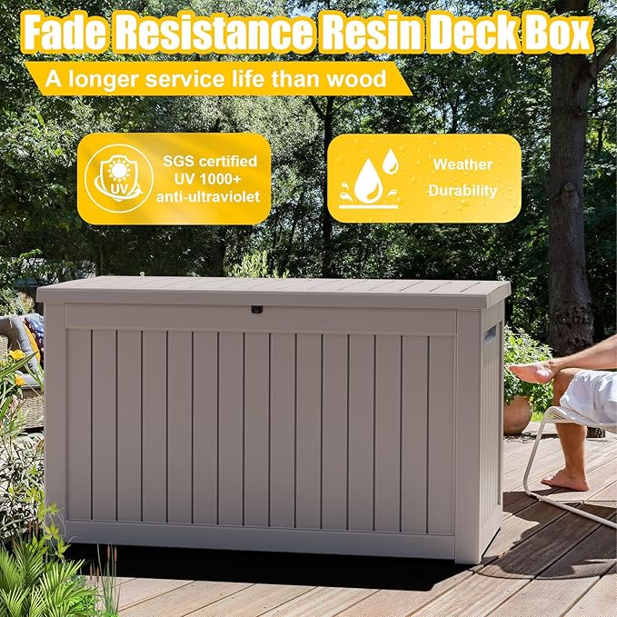 280 Gallon Outdoor Deck Box,Waterproof Resin Outdoor Storage Boxes, Outside Storage Lockable Container for Garden Tools,Indooor Cushions,Accessories (Grey)