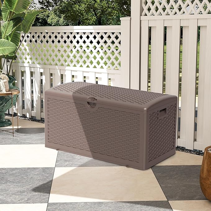 Outdoor Storage Deck Box Waterproof,90 Gallon Lockable Patio Package Delivery Bin as Seat, Resin Storage Container Bench for Furniture Cushions, Pool Accessories, Garden Tools, Brown
