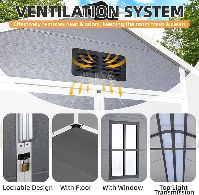 MELLCOM 8 x 10 FT Resin Outdoor Storage Shed with Floor, Outdoor Storage Tool Shed with Windows and Lockable Door, Resin Garden Shed for Garbage Can, Lawnmower, Bike
