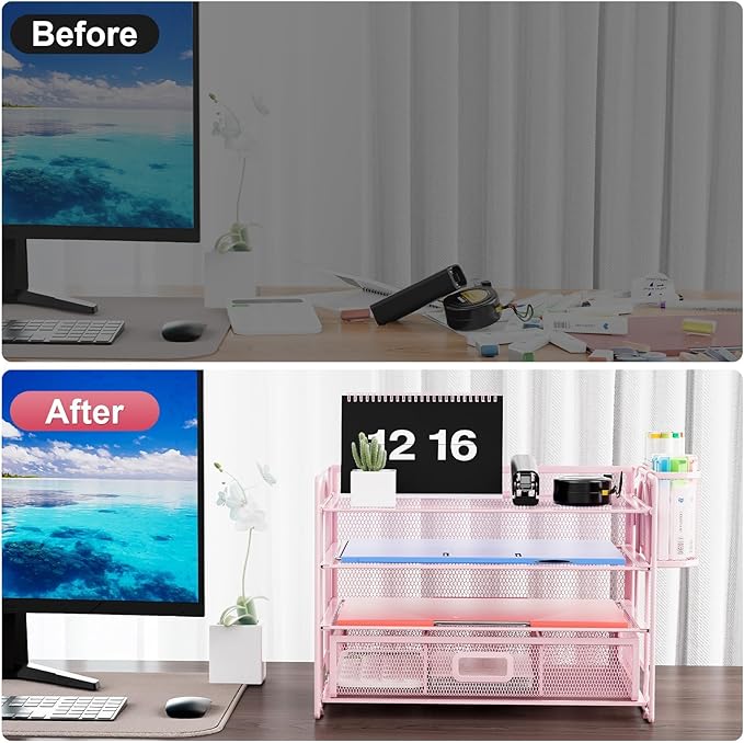 Marbrasse Desk Organizer and Accessories4-Tier Paper File Letter Tray Accessories & Workspace Desk Organizers with Drawer and 2 Pen Holders for School Home Office Supplies(Pink)-2P