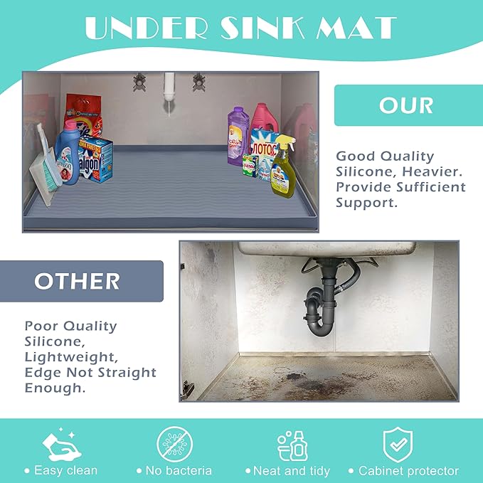 URMONA Waterproof Silicone Under Sink Mat 19'' x 12'' Shelf Liner for Kitchen and Bathroom, Cabinet and Counter Protector, Storage and Organizers, Litter Mat, Pet Cat Puppy Essentials(Green)