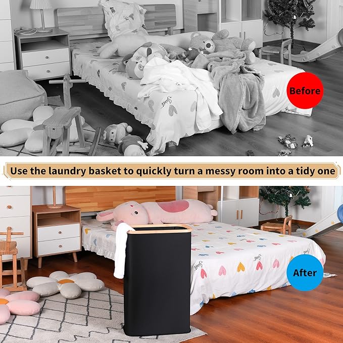 60L Slim Laundry Hamper, Narrow Laundry Basket with Lid,Foldable Clothes Hamper with Bamboo Handles,Hamper Basket with Removable Inner Bag for Laundry Room Bedroom College Dorm,Black