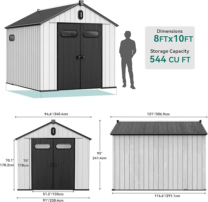 YITAHOME 8x10ft Outdoor Plastic Storage Shed with Floor, Extra Thick Waterproof Garden Shed with Lockable Door, Oval Vision Windows &Vents, 16mm Heavy Duty Tool Storage for Patio, Lawn, Gray