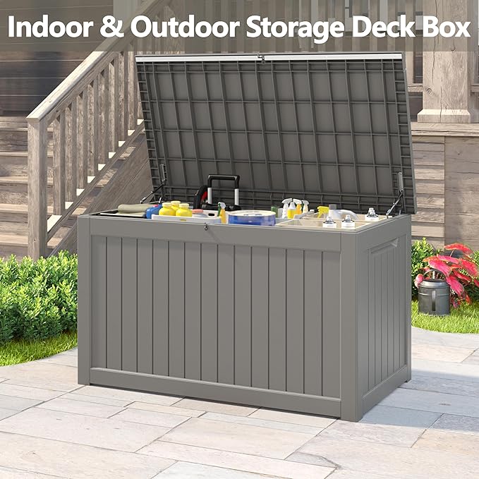 KAMABOKO 230 Gallon Outdoor Storage Box, Resin Deck Boxes Indoor and outdoor, Waterproof Storage Box Lockable Lid for Garden Tools, Package Delivery, Patio Cushions, Grey