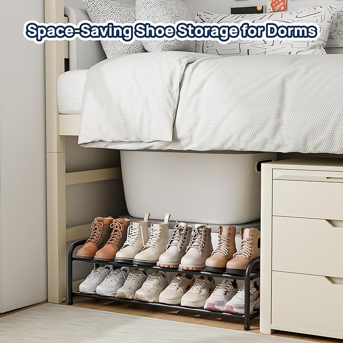 ENJOYBASICS Expandable Shoe Rack, 2 Tier Adjustable Shoe Organizer Shelf for Closet, Black Metal Free Standing Shoe Rack Storage for Small Space, Entryway
