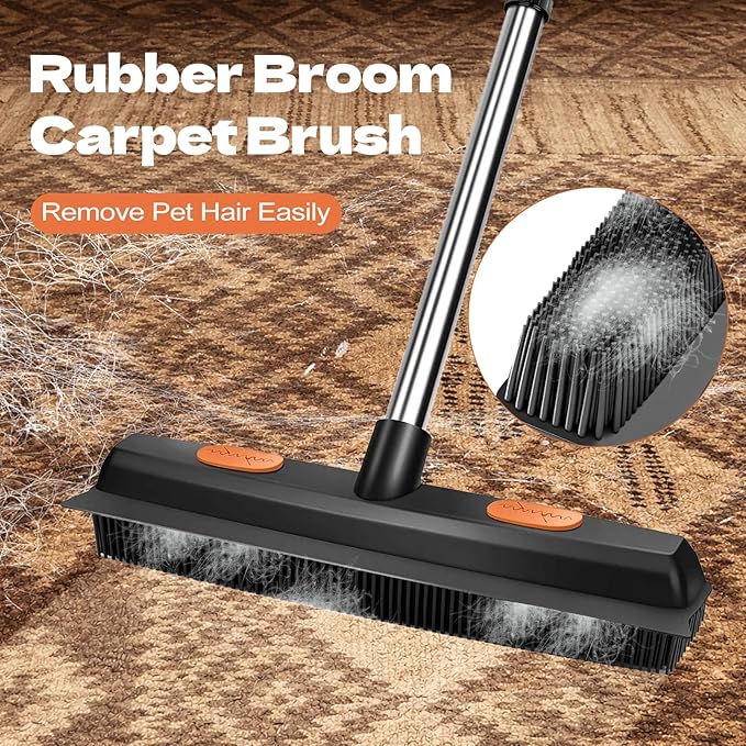 FUNNSOO Rubber Broom with Squeegee for Pet Hair Removal, 52" Adjustable Carpet Rake, Reusable Floor & Carpet Cleaning Tool, Includes Microfiber Cloth and Pet Hair Comb