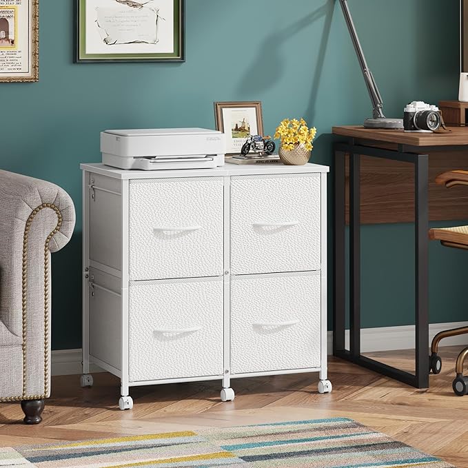 4 Drawer Lateral File Cabinet, Mobile Filing Cabinet for Large Printer, Home Office Functional Small Office Storage Cabinet & Printer Stand, Fits Letter/A4, White