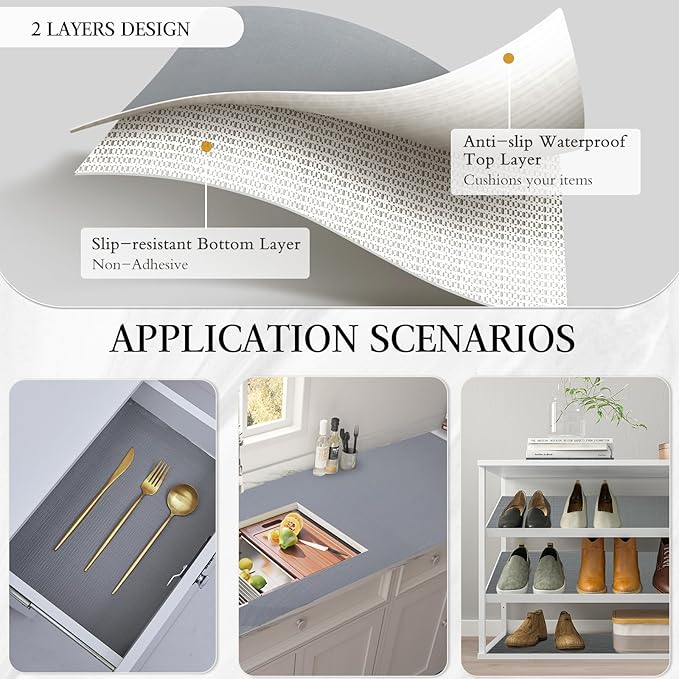 Beautysaid Shelf and Drawer Liner for Kitchen Cabinet, Non Adhesive Non Slip Shelf Paper Waterproof Washable Thickened for Dresser Pantry Shelve Bathroom Protector Liner(Gray,12 in x 30 FT)