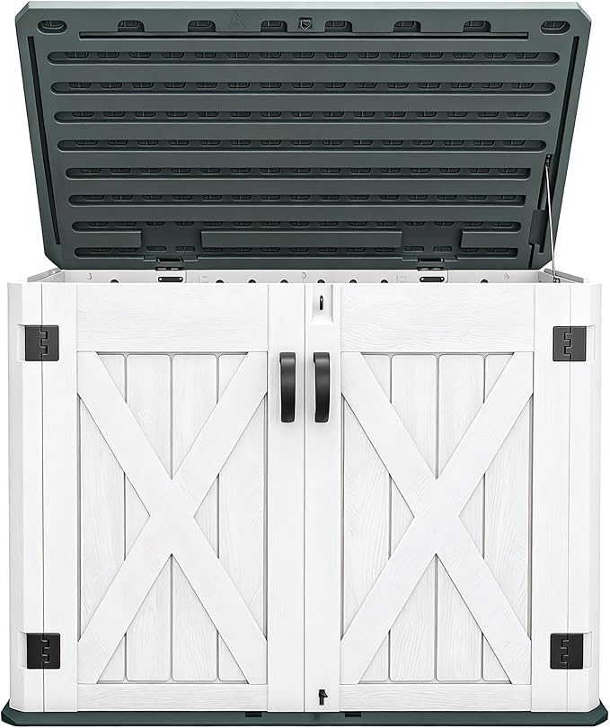 DWVO Outdoor Storage Shed, Weatherproof Resin, 35 Cu Ft Capacity, Horizontal Design, X-Shaped Lockable Door, Suitable for Bike, Garden Tools, Trash Cans, Light Gray