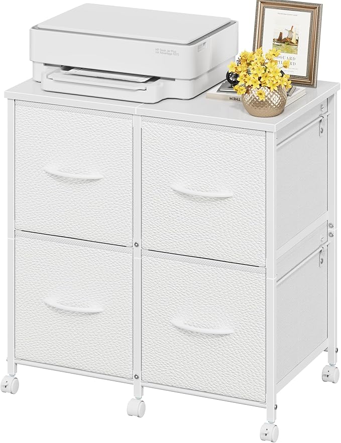 4 Drawer Lateral File Cabinet, Mobile Filing Cabinet for Large Printer, Home Office Functional Small Office Storage Cabinet & Printer Stand, Fits Letter/A4, White