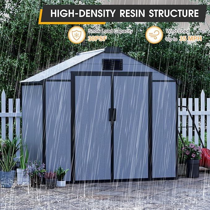 MELLCOM 8 x 6 FT Outdoor Storage Tool Shed with Windows and Lockable Door, Resin Outdoor Storage Shed with Floor, Resin Garden Shed for Lawnmower, Pool Supply, Bike
