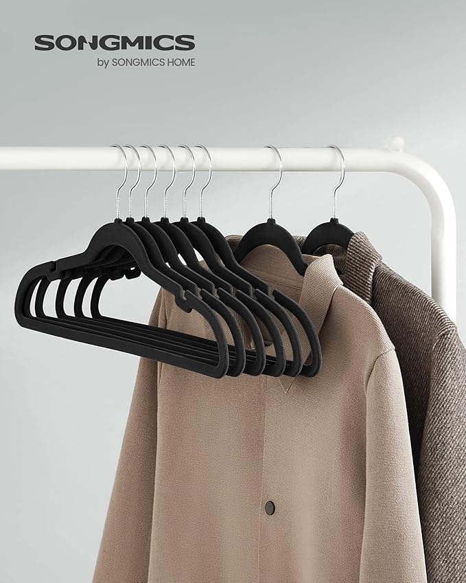 SONGMICS Velvet Hangers 10 Pack, Non-Slip Clothes Hangers with Shoulder Notches, Pants Bar, 360° Swivel Hook, Space-Saving, for Closet, Ink Black UCRF029B01