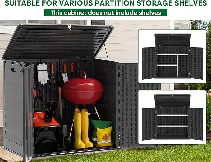 30 Cu.Ft Outdoor Storage Shed, Multi-Purpose Weather-Resistant Utility Shed for Garbage Cans, Lawn Mower, Garden Tools, Waterproof Resin Horizontal Cabinet with Pad-Lockable Doors (Black)