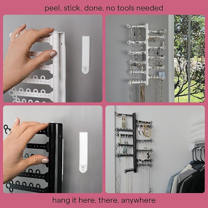 AllHungUp 12-Tier Wall Jewelry Organizer Wall Mounted Jewelry Organizer Necklace Holder Wall Mount Hanging Necklace Organizer Jewelry Hanger Wall Mounted Earring Holder Display Earring Organizer White