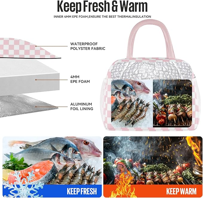 Lunch Bag Women/Men Lunch Box Women/Men (Pink+White Checkerboard)