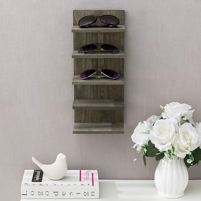 MyGift 5 Tier Vintage Gray Solid Wood Sunglasses Holder Rack, Wall Mounted Eye Glasses Shelf or Tabletop Display Stand, Retail Eyewear Showcase Storage Organizer