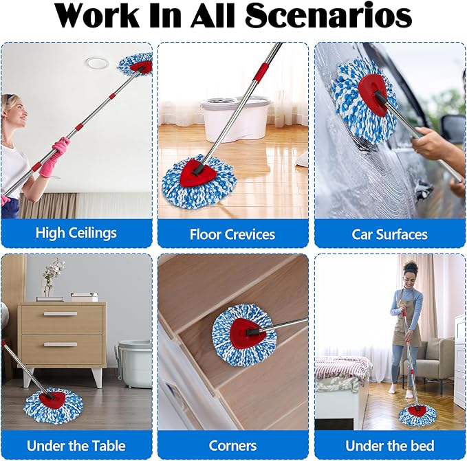 Spin Mop Replacement Set for O-Ceda RinseClean 2-Tank System, 16 Microfiber Spin Mops Refills,1 Scrubber Head,1 Triangle Spin Base,and(31-63in) Adjustable Handle Set Combo