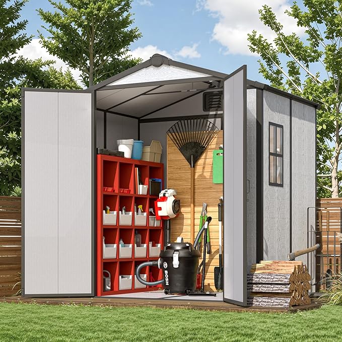 MELLCOM 6x4 FT Resin Outdoor Storage Shed with Floor, Outdoor Storage Tool Shed with Windows and Lockable Door, Resin Garden Shed for Bike, Garbage Can, Lawnmower