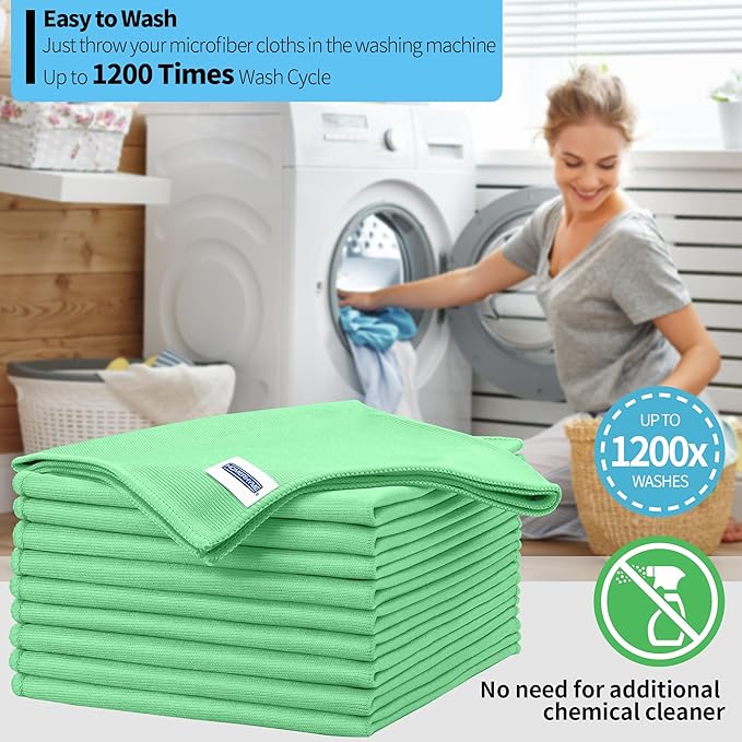 HOMERHYME Microfiber Cleaning Cloth, 10 Pack Glasses Cleaning Cloth, 16" ×14" Window Cleaning Rags, Streak Free Lint Free Polishing Cloths Wipes for Eye Glass Stainless Steel Windshield, Sage Green