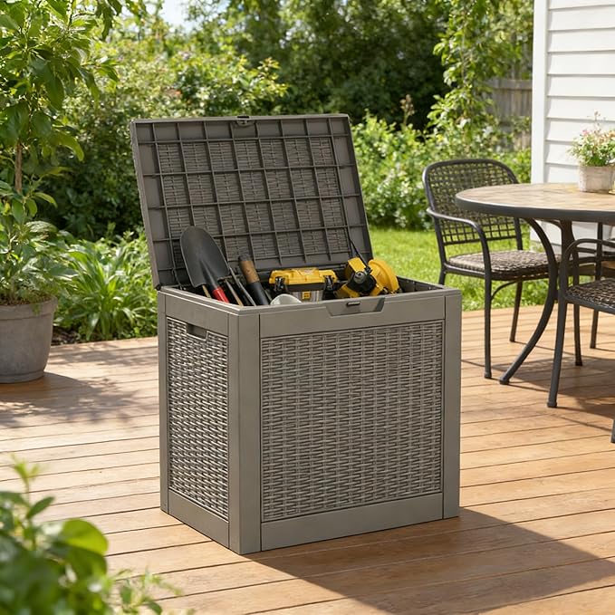 31 Gallon Outdoor Storage Box, Resin Deck Boxes Outdoor Waterproof For Patio Furniture, Garden Tools, Pool Supplies, Lockable And UV Resistant (Rattan Gray)