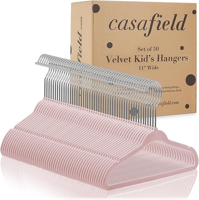 Casafield 50 Velvet Baby Hangers - 11" Size for Infant & Toddler Clothes - Light Pink