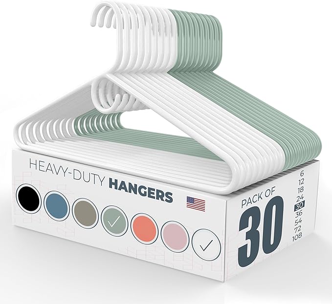 Neaties Heavy Duty Clothes Hangers 30 Pack – Made in The USA – 8lb Capacity Plastic Hangers for Adult Clothing – Durable for Pants, Coats, Jackets, or Jeans – White & Mint