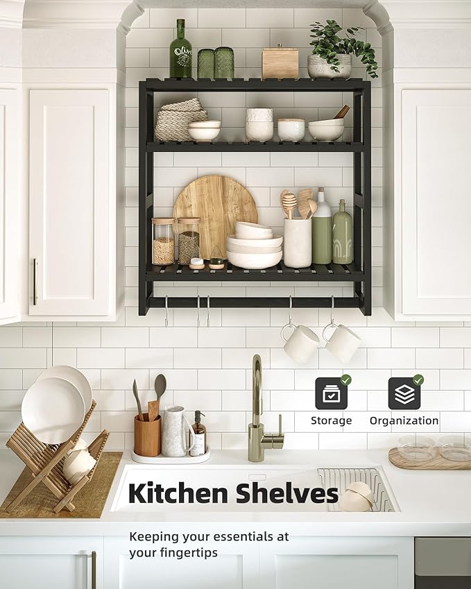 Over The Toilet Storage Bathroom Shelves Wall Mounted 3 Tier Space Saver Corner Shelf Organizer Bamboo Towel Rack Toilet Paper Cabinet with Hanging Rod Black