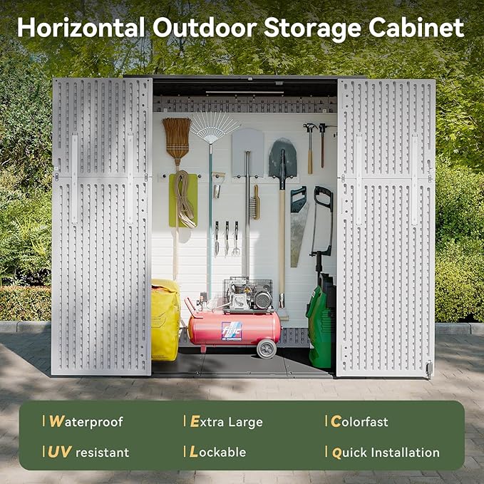 AOXUN Horizontal Storage Sheds 61 Cu.ft, HDPE Outdoor Storage Box 160 Gallon, Waterproof Lockable Resin Deck Box with Spring-Assisted Lid, Patio Storage for Garden, Pool, Cushions, Tools, White