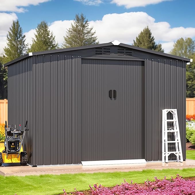 AECOJOY 6'x8' Outdoor Storage Shed with Sliding Door, Garden Sheds & Outdoor Storage Clearance 8x6, Waterproof Tool Storage Cabinet Weatherproof for Yard in Dark Grey