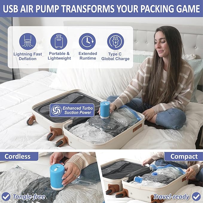 Cozy Essential 15 Pack Travel Vacuum Storage Bags with Rechargeable Wireless Electric Pump for Luggage, Suitcase, Carry-on Size Vacuum Seal Compression Space Saver Bags for Clothes and Clothing Travel