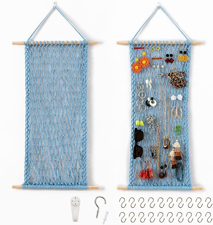 Pretty Jolly Hanging Jewelry Mesh Organizer Macrame Wall Mounted Necklaces Storage Earring Display Rack Girls Hair Clips Hanger with 20 Pieces S Shape Hooks for Bracelets,Necklace and Rings(Blue)