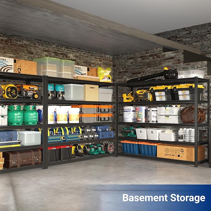 FLEXIMOUNTS 60" W Garage Shelving, 5 Tier Storage Shelves Load 1500LBS, Adjustable Garage Shelving Heavy Duty, Metal Shelves Unit for Basement, Warehouse, 60" W x 72" H x 24" D, Black