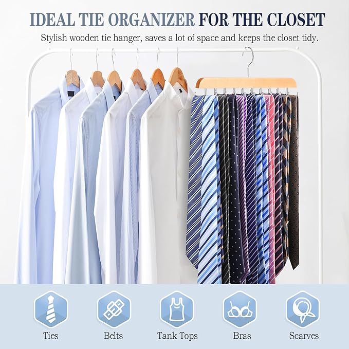 Tie Rack Belt Hanger for Closet Fitnice Upgraded Non Slip Tie Hanger Space Saving with 20 Foldable Hooks Wooden Belt Tie Organizer for Tank Tops Bras Cami Scarves