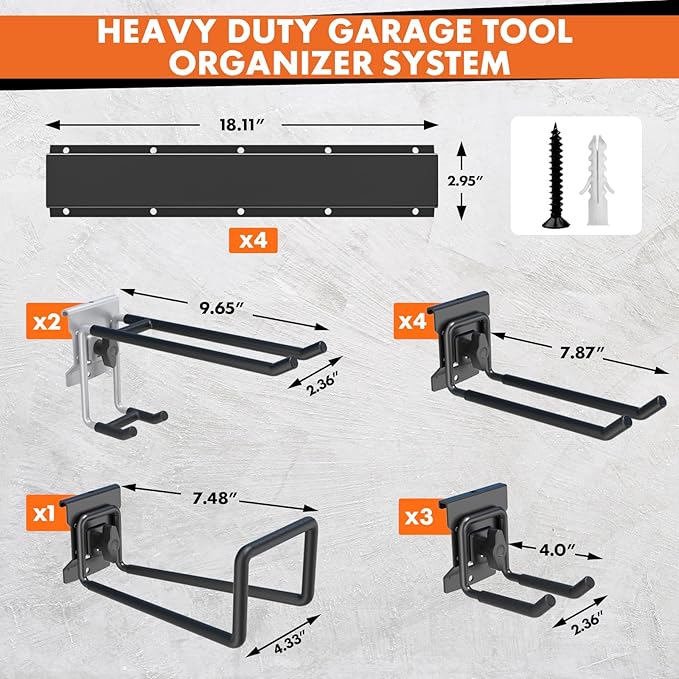 64'' Garage Tool Organizer Wall Mount, 620lbs Heavy Duty Metal Storage Rack | Adjustable Hooks Garden Tool Organization System | Anti-Rust Shed Rack for Hanging Shovel, Rake, Broom, Snowboard