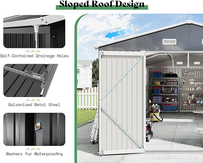 AMERLIFE 10x16x7 FT Outdoor Storage Shed with 2 Transparent Panels, Metal Garden Shed with Hinged Double Doors, 4 Windows & 4 Vents, Reinforced Steel Frame for Backyard, Garden, Dark Gray
