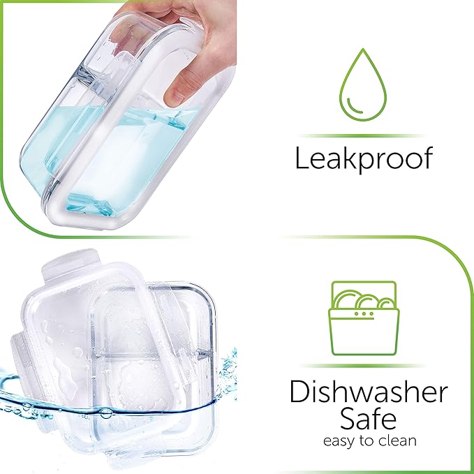Prep Naturals 36oz Glass Meal Prep Containers - Airtight Glass Food Storage Containers with Lids - Dishwasher, Microwave & Oven Safe Meal Prep Bowls - Pack of 5, 36 Oz, 2-Compartment, Clear